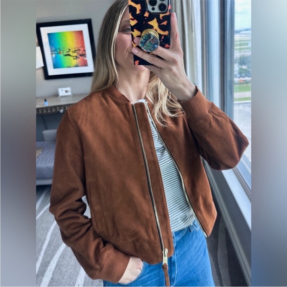 All saints Orten Suede Bomber Jacket in Cognac Brown - Picture 4 of 10